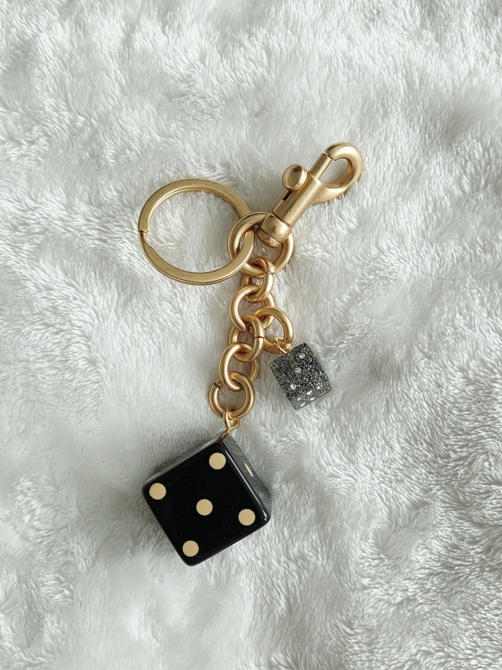 Gold-Tone Black Dice Keychain with Glitter Accent Charming Bag Charm